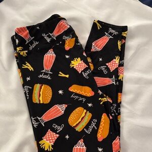 LuLaRoe Black Leggings with Fast Food Print (burgers, fries, shakes)